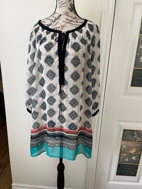 Daniel Rainn White Tunic with Teal Border and Navy Trim